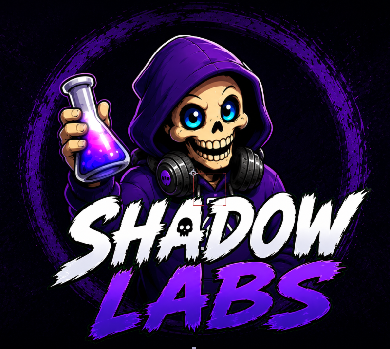Shadow Labs cartoon skeleton mascot holding a glowing purple lab flask